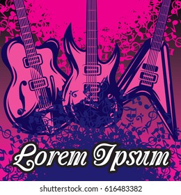 Abstract template on a musical theme with three different guitars. Editable vector illustration.