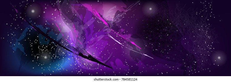 Abstract template of outer space with stars, comets and multicolored spots. Vector illustration