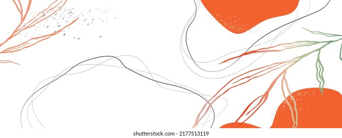 Abstract template for placing text. Horizontal modern background with orange abstract shapes, lines, tropical plants, leaves.