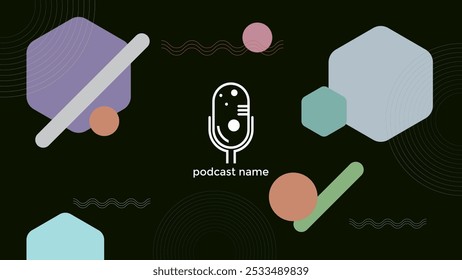 ABSTRACT TEMPLATE PODCAST  DARK BACKGROUND WITH GEOMETRIC SHAPES FLAT COLOR VECTOR. GOOD FOR COVER DESIGN, BANNER, WEB,SOCIAL MEDIA