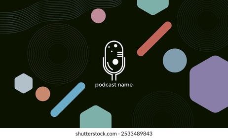 ABSTRACT TEMPLATE PODCAST  DARK BACKGROUND WITH GEOMETRIC SHAPES FLAT COLOR VECTOR. GOOD FOR COVER DESIGN, BANNER, WEB,SOCIAL MEDIA