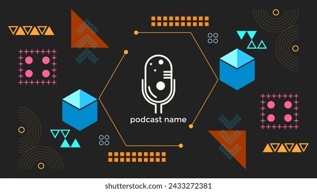 PLANTILLA ABSTRACTA MICRÓFONO DE PODCAST COLOR PLANO FORMA GEOMÉTRICA MEMPHIS DISEÑO FONDO OSCURO VECTOR. BUENO PARA EL DISEÑO DE LA CUBIERTA, BANNER, WEB, MEDIOS SOCIALES