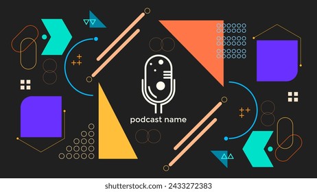 ABSTRAKTE VORLAGE PODCAST MIKROFON FLACHE FARBE GEOMETRISCHE FORM MEMPHIS DESIGN DUNKLER HINTERGRUND VEKTOR. GUT FÜR COVER-DESIGN, BANNER, WEB, SOCIAL MEDIA