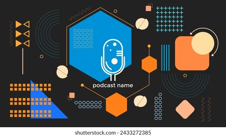 ABSTRAKTE VORLAGE PODCAST MIKROFON FLACHE FARBE GEOMETRISCHE FORM MEMPHIS DESIGN DUNKLER HINTERGRUND VEKTOR. GUT FÜR COVER-DESIGN, BANNER, WEB, SOCIAL MEDIA