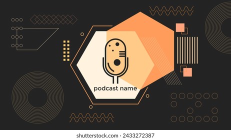 ABSTRACT TEMPLATE PODCAST MICROPHONE FLAT COLOR GEOMETRIC SHAPE MEMPHIS DESIGN DARK BACKGROUND VECTOR. GOOD FOR COVER DESIGN, BANNER, WEB,SOCIAL MEDIA