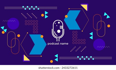 ABSTRAKTE VORLAGE PODCAST MIKROFON FLACHE FARBE GEOMETRISCHE FORM MEMPHIS DESIGN LILA HINTERGRUND VEKTOR. GUT FÜR COVER-DESIGN, BANNER, WEB, SOCIAL MEDIA