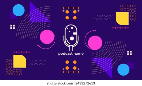ABSTRACT TEMPLATE PODCAST MICROPHONE FLAT COLOR GEOMETRIC SHAPE MEMPHIS DESIGN PURPLE BACKGROUND VECTOR. GOOD FOR COVER DESIGN, BANNER, WEB,SOCIAL MEDIA