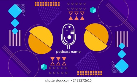 ABSTRAKTE VORLAGE PODCAST MIKROFON FLACHE FARBE GEOMETRISCHE FORM MEMPHIS DESIGN LILA HINTERGRUND VEKTOR. GUT FÜR COVER-DESIGN, BANNER, WEB, SOCIAL MEDIA