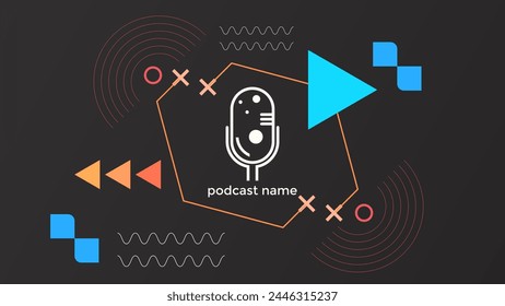 ABSTRACT TEMPLATE PODCAST MICROPHONE FLAT COLOR GEOMETRIC SHAPE MEMPHIS DESIGN DARK BACKGROUND VECTOR. GOOD FOR COVER DESIGN, BANNER, WEB,SOCIAL MEDIA