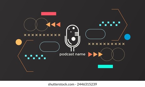 ABSTRACT TEMPLATE PODCAST MICROPHONE FLAT COLOR GEOMETRIC SHAPE MEMPHIS DESIGN DARK BACKGROUND VECTOR. GOOD FOR COVER DESIGN, BANNER, WEB,SOCIAL MEDIA