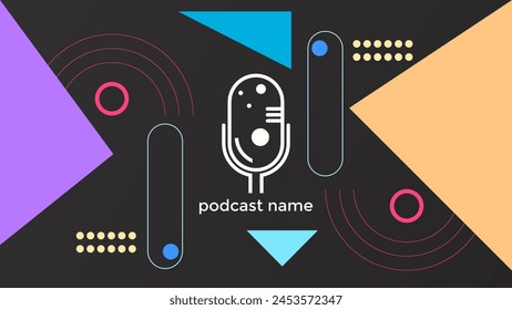 ABSTRACT TEMPLATE PODCAST MICROPHONE FLAT COLOR GEOMETRIC SHAPE MEMPHIS DESIGN DARK BACKGROUND VECTOR. GOOD FOR COVER DESIGN, BANNER, WEB,SOCIAL MEDIA