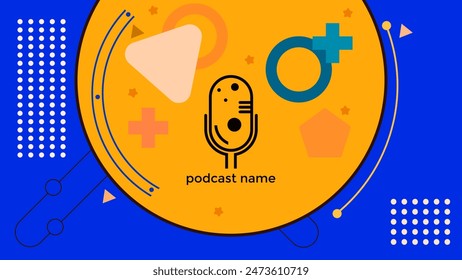 ABSTRACT TEMPLATE PODCAST MICROPHONE FLAT COLOR GEOMETRIC SHAPE MEMPHIS DESIGN BLUE BACKGROUND VECTOR. GOOD FOR COVER DESIGN, BANNER, WEB,SOCIAL MEDIA
