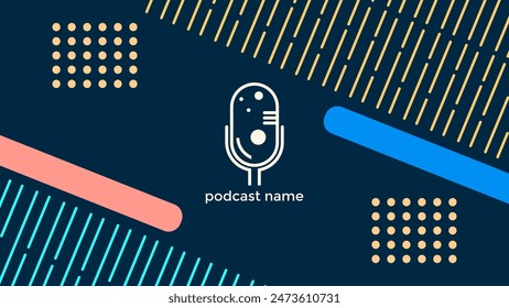ABSTRACT TEMPLATE PODCAST MICROPHONE FLAT COLOR GEOMETRIC SHAPE MEMPHIS DESIGN BLUE BACKGROUND VECTOR. GOOD FOR COVER DESIGN, BANNER, WEB,SOCIAL MEDIA