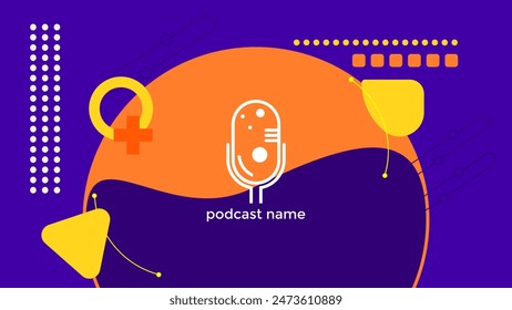PLANTILLA Abstractas PODCAST MICRÓFONO COLOR PLANO FORMA GEOMÉTRICA MEMPHIS DISEÑO VECTOR DE FONDO PÚRPURA. BUENO PARA EL DISEÑO DE LA CUBIERTA, ANUNCIO, WEB, MEDIOS SOCIALES