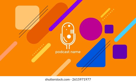 ABSTRACT TEMPLATE PODCAST MICROPHONE FLAT COLOR ORANGE BACKGROUND WITH GEOMETRIC SHAPES DESIGN VECTOR. GOOD FOR COVER DESIGN, BANNER, WEB,SOCIAL MEDIA