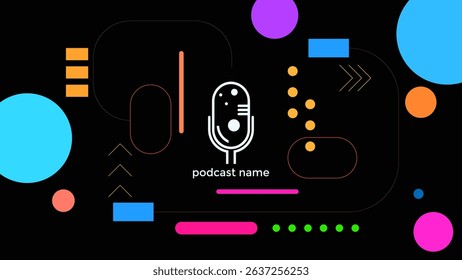 ABSTRACT TEMPLATE PODCAST MICROPHONE FLAT COLOR LIQUID DESIGN DARK BACKGROUND VECTOR. GOOD FOR COVER DESIGN, BANNER, WEB,SOCIAL MEDIA