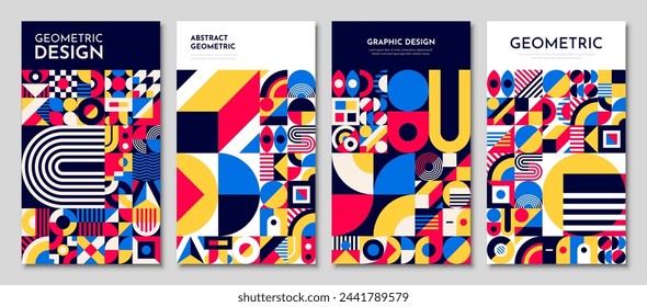 Afiches de plantilla abstracta con patrón geométrico bauhaus. Fondos vectoriales modernos, cubiertas con formas de geometría mínima retro, formas, líneas en color vibrante para exhibición de arte, revista, diario, álbum