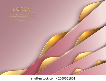 Abstract template rose gold triangles diagonal layer background with wave shape golden line. Luxury style. Vector illustration