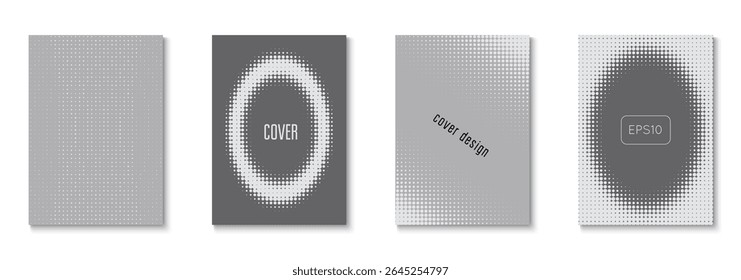 Abstract Template Set. Brand Grey And Black  Flyer. Future Concept In Minimal Layout. Young Hipster Design On Annual Page. Halftone Pattern. White Dots Poster. Greyscale Abstract Template