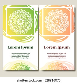 Abstract template set of cards. Frame pattern invitation with place for text. Lace ornament, mandala. Arabic, Islam design elements. Vector illustration