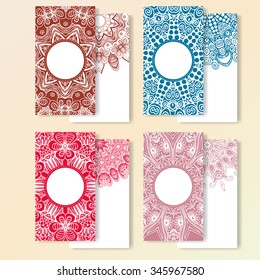 Abstract template set of cards. Frame pattern invitation with place for text. Lace ornament, mandala. Arabic, Islam design elements. Vector illustration