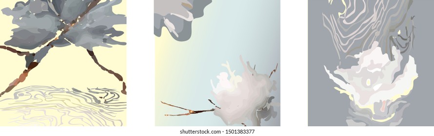 Abstract template. Set of three hand-drawn abstract modern seamless patterns. Smooth lines. Modern trendy natural illustrations in vector. Flower effect. Each template is isolated