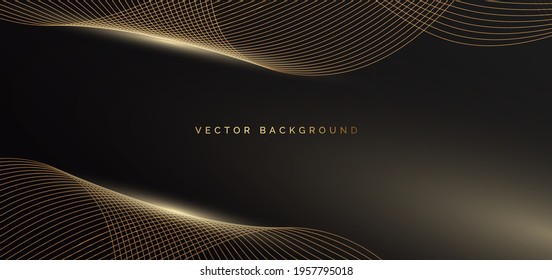 Abstract template shiny gold waves lines with light effect on black background Luxury concept. Vector illustration
