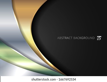 Planta abstracta brillante dorada, plateada, con una capa superpuesta de curva metálica verde sobre fondo negro. Ilustración del vector