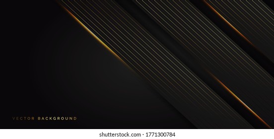 Abstract template stripes golden lines diagonal overlap with light effect with copy space for text on black background. Luxury style. Vector illustration