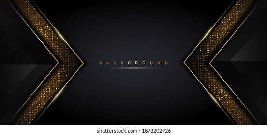 Abstract template triangles black geometric with golden line and glitter gold dot on black background. Luxury style. Vector illustration