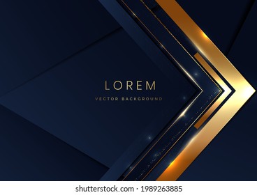 Abstract template triangles dark blue geometric with golden line and glitter gold dot on black background. Luxury style. Vector illustration