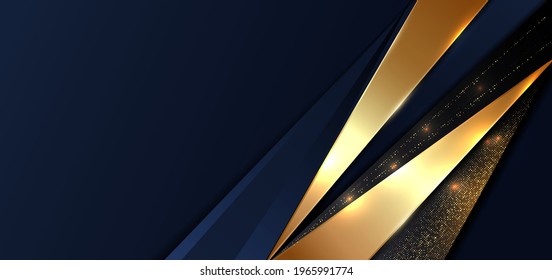 Abstract template triangles dark geometric with golden line and glitter gold dot on dark blue background. Luxury style. Vector illustration