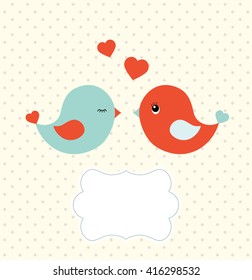 Abstract template with two cute colorful birds, red and blue, and blank frame for your own text on beige polka  dot background,  vector illustration, eps 10 with transparency