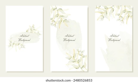 Abstract templates, banners for social media posts in gentle green tones with leaves and watercolours. Backgrounds for discounts and promotions, invitations. Vector