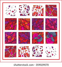  Abstract templates collection for trendy design in shades of purple.  The composition of geometric vector texture. Color fantastic background. Squares, crumbling into pieces.