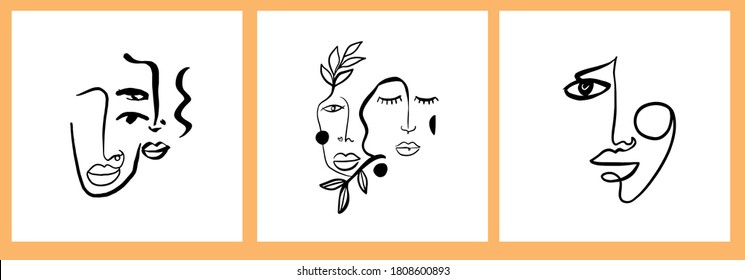 Plantillas abstractas con retrato de una línea. Cara de cubismo. Promoción del diseño. 