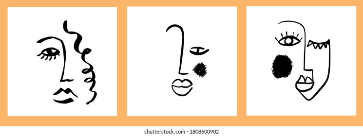 Plantillas abstractas con retrato de una línea. Cara de cubismo. Promoción del diseño. 