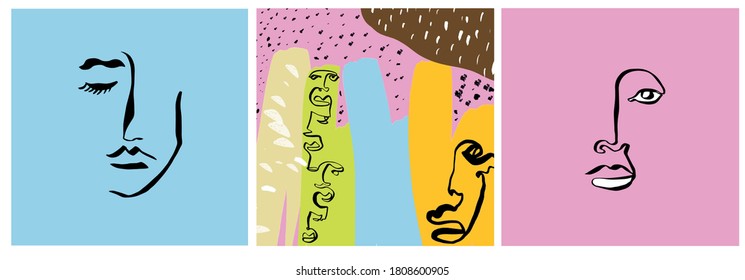 Plantillas abstractas con retrato de una línea. Cara de cubismo. Promoción del diseño. 
