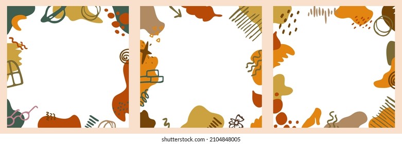 Abstract templates are a set for text or social networks, stories from hand-drawn shapes. Fashionable design of spots, smudges, stripes, zigzag, handwriting for a design in a cute casual style.