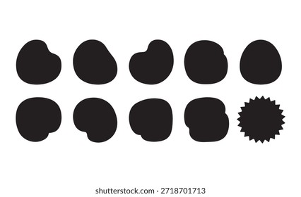 Diez Formas negras dibujadas a mano Abstractas. gotas de líquido irregulares. Elementos de fluido orgánico. colección de manchas de tinta. conjunto de pinceladas vacías