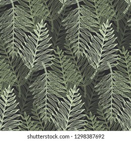 Abstract tender dark and light green tropical leaves seamless pattern. Trendy vector exotic fern leaves texture for textile, wrapping paper, surface, cover, web design, background