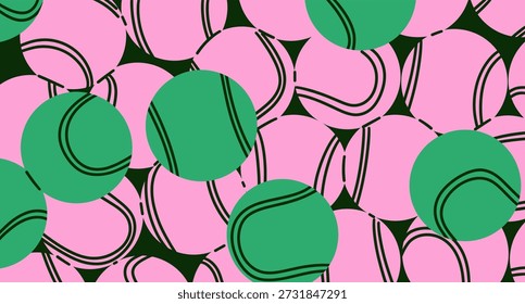 Patrón de pelota de tenis Abstractas con paleta de colores rosa y verde. Fondo gráfico moderno inspirado en Formas de pelota de tenis, movimiento y repetición. Adecuado para marcas deportivas, impresiones de moda, carteles, empaques, Fondos de pantalla, redes sociales, publicidad y proyectos de Diseño gráfico contemporáneo.