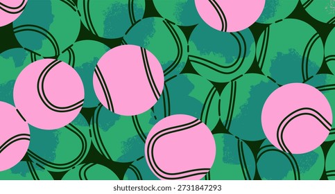 Abstraktes Tennisballmuster mit kräftiger rosa und grüner Farbpalette. Moderner grafischer Hintergrund, inspiriert von Tennisballformen, Bewegung und Wiederholung. Geeignet für Sportmarken, Modedrucke, Poster, Verpackungen, Tapeten, Social Media, Werbung und zeitgenössische Grafikdesign-Projekte.