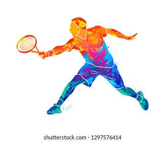 Abstract tennis player with a racket from splash of watercolors. Vector illustration of paints