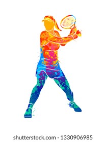 Abstract tennis player with a racket from splash of watercolors. Vector illustration of paints