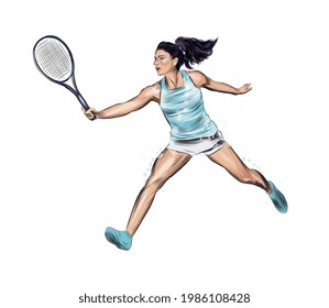 Resumen de un jugador de tenis con una raqueta de salpicaduras de acuarelas, dibujo de colores, realista. Ilustración vectorial de pinturas