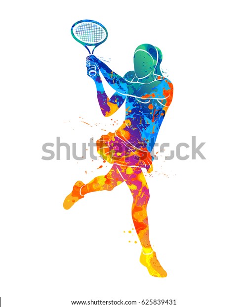 水彩のスプラッシュからラケットを持つ抽象的なテニスプレーヤー ペイントのベクターイラスト のベクター画像素材 ロイヤリティフリー