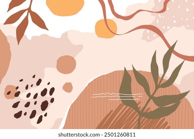 Abstract Terracotta background with copy space. Fashion contemporary collage with leaves. Vector.