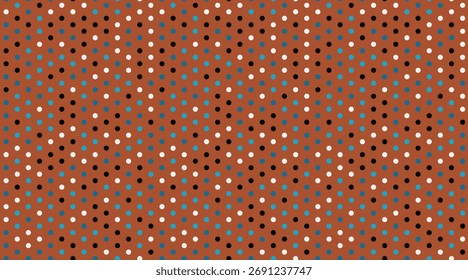 Abstract terracotta background with a dynamic pattern of multicolored polka dots forming subtle waves.  Perfect for website banners, textile designs, or modern branding.