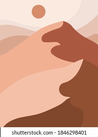 Abstract terracotta sunset desert dunes landscape. Modern boho decor wallpaper. Minimal natural sand landscape for print, home decor, digital art. Vector mid century style illustration
